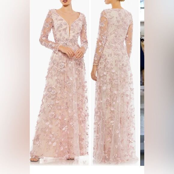 NEW Mac Duggal women’s floral appliqué long sleeve lace A-line gown size 14 - Picture 1 of 13